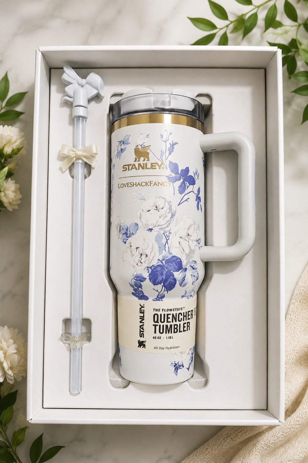 Stanley Quencher 40 oz Floral Tumbler with Handle & Straw – Elegant Blue & White Hydration Cup