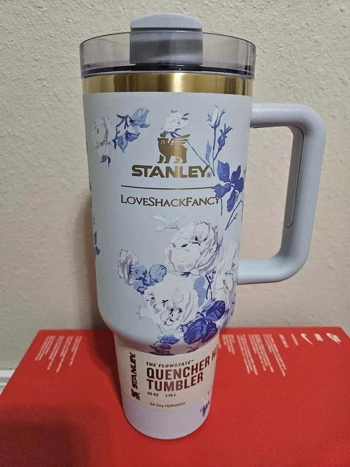 Stanley Quencher 40 oz Floral Tumbler with Handle & Straw – Elegant Blue & White Hydration Cup