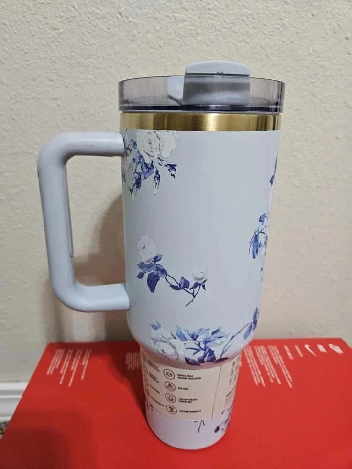 Stanley Quencher 40 oz Floral Tumbler with Handle & Straw – Elegant Blue & White Hydration Cup