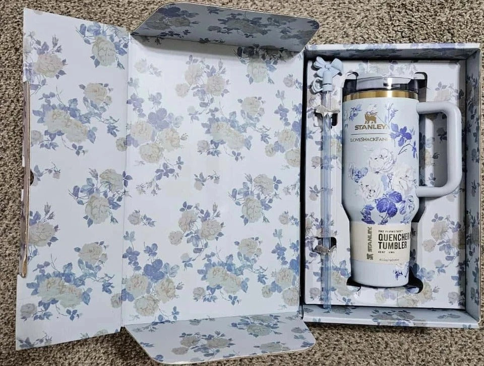 Stanley Quencher 40 oz Floral Tumbler with Handle & Straw – Elegant Blue & White Hydration Cup